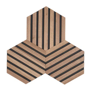 Denwood non-acoustic træpanel hexagon amerikansk valnød ubehandlet m/sort MDF 10xØ265 mm