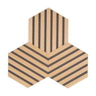 Denwood non-acoustic træpanel hexagon eg ubehandlet m/sort MDF, 10xØ265 mm